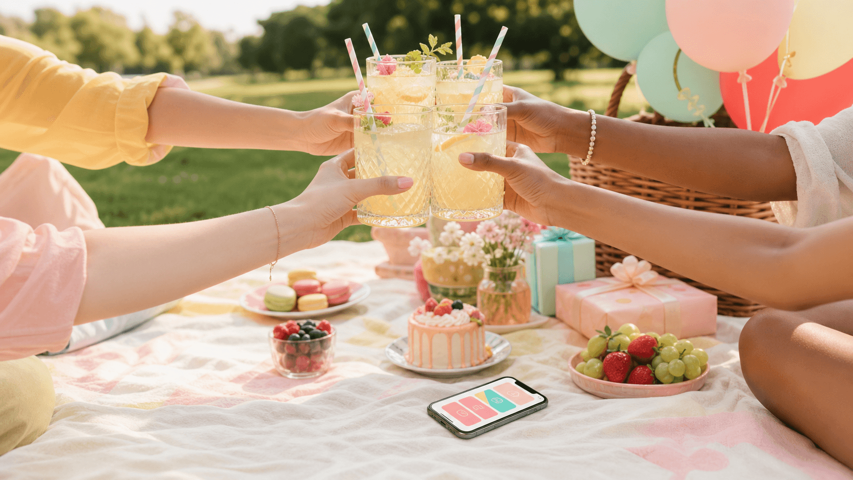 Friends celebrating with lemonade at a sunny birthday picnic