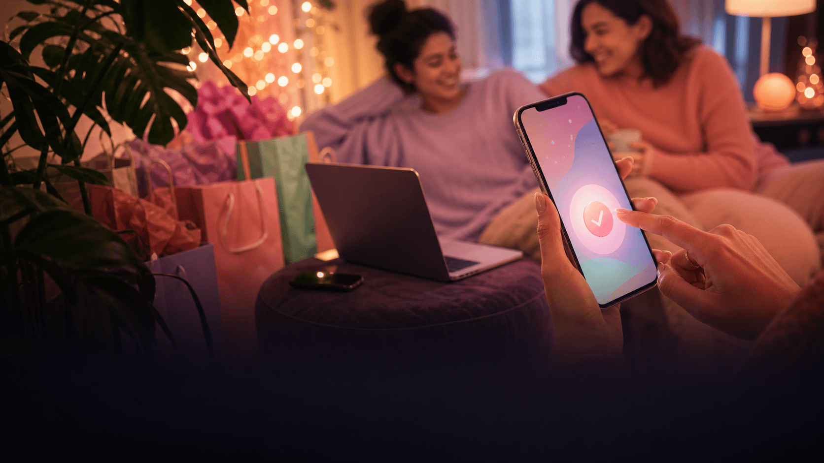 Friends reserving a surprise gift on a phone in a cozy room