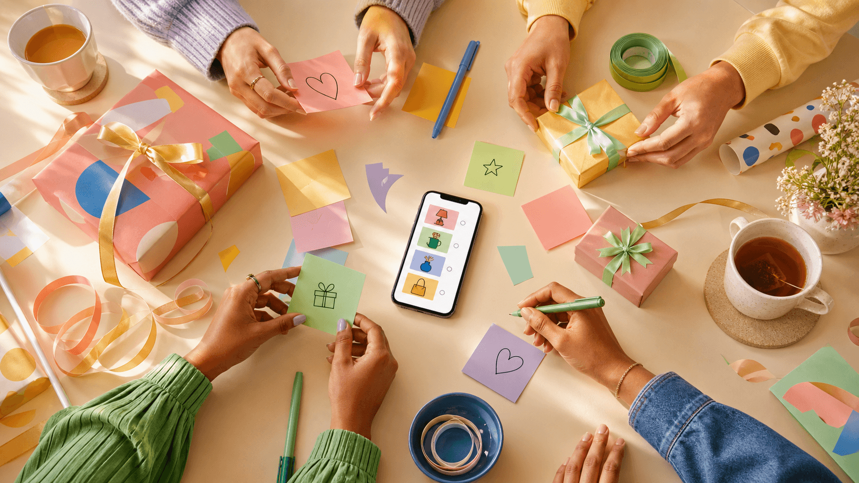 Friends planning gift ideas around a colorful table