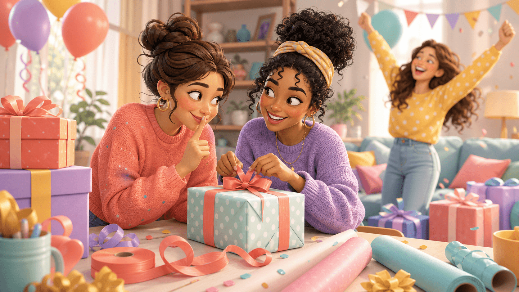 Friends secretly wrapping a surprise gift
